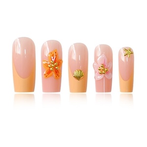 24Pcs Độc Đáo 3D Gợn Charms Ngọt Ngào Mát Mẻ Pháp Orange Gradient Hoa Vuông Móng Tay Giả Nghệ Thuật Cơ Khí Báo Chí Cho Ngón Tay - Product Image 3