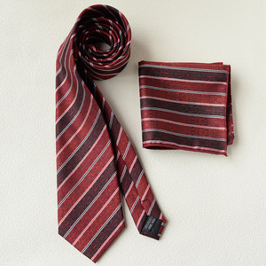 Men's Business <b>Tie</b> And Pocket Square Set Red Striped Jacquard Polyester Formal <b>Accessories</b> 8Cm Width - Product Image 1