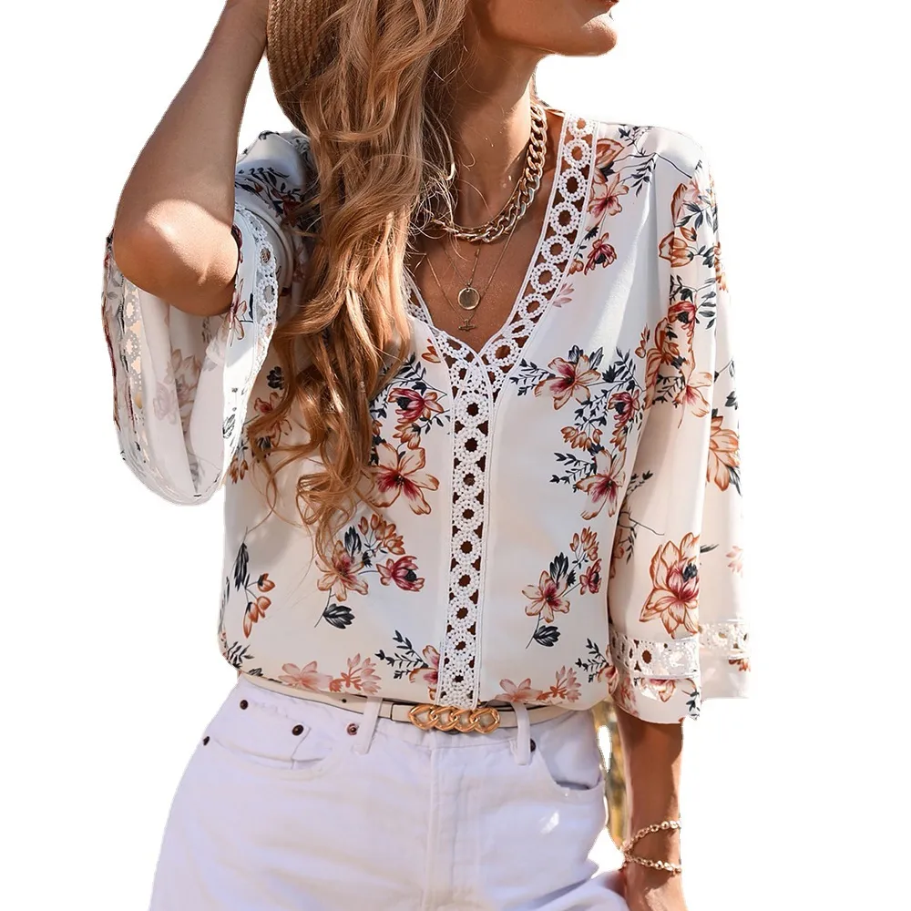 Wholesale women's clothing 2022 autumn new top Pullover Chiffon printing half sleeve lace splicing temperament commuter blouse