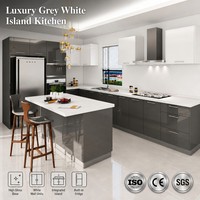 Armário de Cozinha Moderno em Aço Inoxidável Cinza e Branco, Ilha de Alto Brilho, Armários Modulares Personalizados com Pia de Mármore em Cascata, Móveis B2B