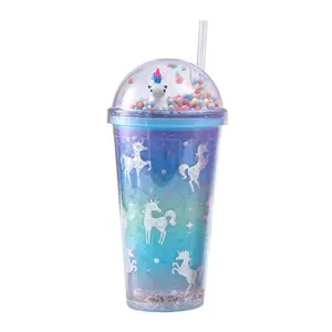 Drink Cup Custom 500Ml Home Instagram Cartoon Sippy Schattige Kleurrijke Eenhoorn Ijs Pp Plastic Waterbekers Met Deksels En Stro