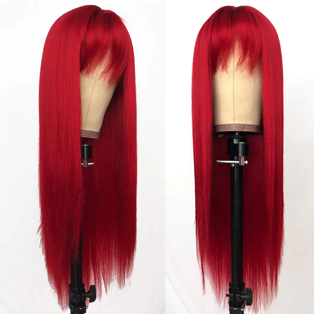 Red Color Long Silky Straight Wigs with Bangs Synthetic No Lace Wig for Fashion Women