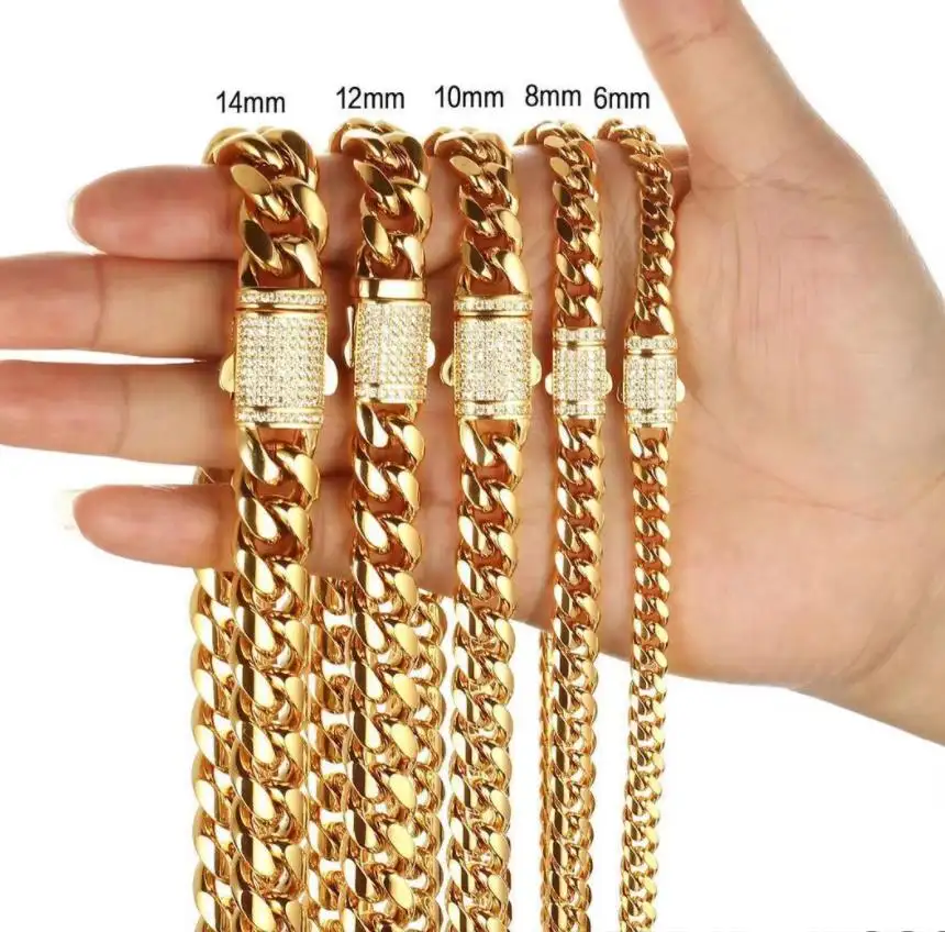 Best seller 14K 18K Collar de cadena cubana Iced Cuban Link Chains Collar Oro Acero inoxidable para hombres mujeres OEM Zircon