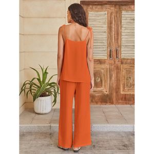 FOXA Womens 2 Piece Summer Set Sleeveless <b>Top</b> Wide Leg Pants Loose Loungewear Vacation Outfits Breathable Crepe Fabric - Product Image 4