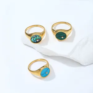 Ruigang Custom Fashion Waterproof 18k Plated Stainless Steel Turquoise Ring Water Drop Abalone Shell Zircon Ring Malachite Ring