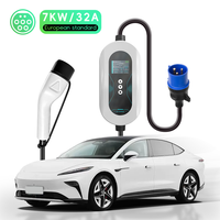 Chargeur de voiture électrique portable 7KW 32A Type 2, courant réglable, niveau 2 EVSE avec écran LCD, prise CEE pour la recharge des véhicules électriques