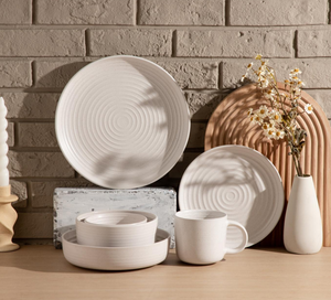 Modern Concentric Swirl Embossed <b>Ceramic</b> Dinnerware Set Speckled Matte Beige <b>Plates</b> Bowls Mugs Custom Logo Custom Color Food - Product Image 1