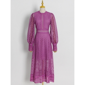 Vestidos de mujer de moda con bordado elaborado, cuello redondo calado, manga farol y cintura entallada - Product Image 2