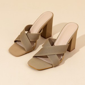 <b>Beige</b> Elastic Knit Criss Cross Mule Square Toe Block <b>Heel</b> Comfort on Designer Office Wear Women Slippers - Product Image 6