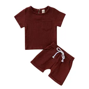 Детская одежда с логотипом на заказ, летняя одежда для младенцев и малышей, однотонные шорты из крепа и марли с коротким рукавом, костюм