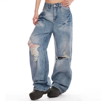 Huanqiu, fabricant de jeans en denim de haute qualité pour femmes, jeans à jambes larges, jeans amples rétro, jeans déchirés pour femmes