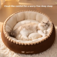 Cama Redonda para Gatos con Diseño de Waffle en Dos Tonos, Borde con Flecos de Pompones, Suave, Lavable, Anti-Ansiedad, con Logotipo WCAT