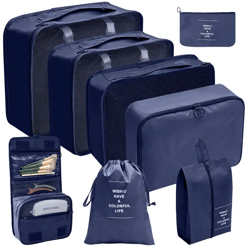 Offre Spéciale de cubes d'emballage de haute qualité avec logo personnalisé, sac organisateur de bagages portable de voyage, ensemble de 8 pièces avec trousse de toilette