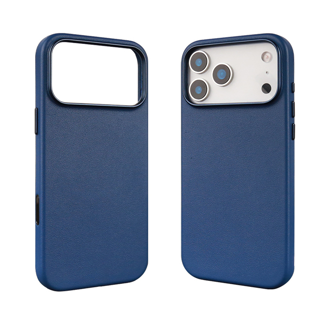 Top Grain Blue Leather Phone Case Slim Fit Premium Luxury Cover Magnetic Ring Compatible for iPhone 17 Genuine Mobile Phone Case