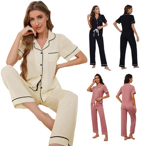 New Arrivals Respirável 2pcs Blusa de Colarinho das Mulheres Pijama Set Cintura Elástica Pijama de Algodão Sólido para Mulheres Set - Product Image 3