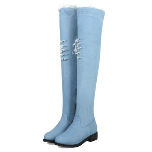 Stivali <span class=keywords><strong>Donna</strong></span> sacco Botas y Botines Mujer punta a punta a metà polpaccio strappato alla moda Tacco alto Denim Bootie Stivali da <span class=keywords><strong>Donna</strong></span> scarpe - Product Image 1