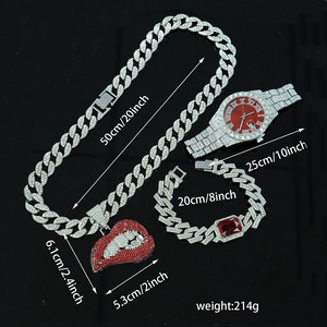 Iced Out Bling Strass et Alliage Ensemble de Bijoux Hip Hop Montre À Quartz Cubain Lien Chaîne Bracelet Rouge Sexy Lèvres Pendentif Collier - Product Image 3