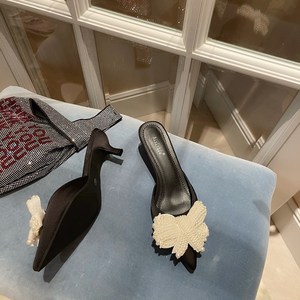 Summer Fashion Women's Thin Heels Outside <b>String</b> Bead Basic Polka Dot Microfiber Butterfly-Kno Shallow <b>Black</b> - Product Image 5