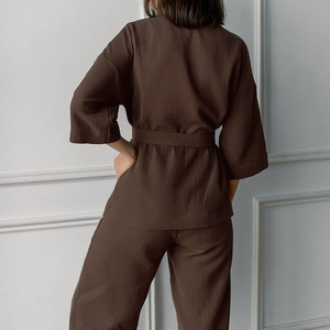 Solid <strong>Cotton</strong> Crepe Loose Cardigan Lace-up Women's Long Sleeve Pyjamas Custom Sleepwear Lounge <strong>Wear</strong> Sets for Women's Pajamas - Product Image 4