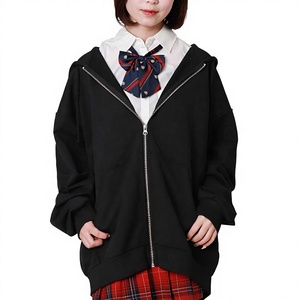 <b>Womens</b> <b>Black</b> Oversized Full Zip <b>Fleece</b> Hoodie Long Sleeve Front Pocket Cotton Sweatshirt Custom Logo Private Label Clothing - Product Image 2