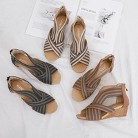 Sandales compensées bohèmes à bout ouvert tendance, talon de 3-5 cm, patchwork ajouré, antidérapantes, en PU/caoutchouc, pour l'été