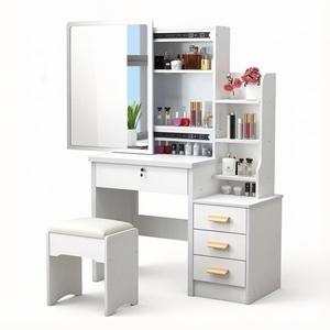 <span class=keywords><strong>Commode</strong></span> blanche avec miroir et éclairage, <span class=keywords><strong>grande</strong></span> <span class=keywords><strong>capacité</strong></span> et tabouret, style MDF, idéale pour chambre à coucher - Vente flash - Product Image 2