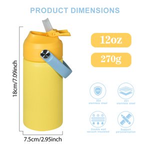 Borraccia Termica in Acciaio Inox Certificata LFGB, Senza BPA, 12oz, con Tappo Ribaltabile e Cannuccia in Plastica, per Bambini 6-12 Anni - Product Image 2