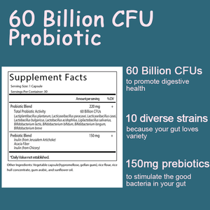 Complément Probiotique 60 Milliards de CFU avec 10 Souches, Prébiotiques pour la Santé Immunitaire, Digestive et Intestinale, pour Femmes et Hommes - Product Image 2