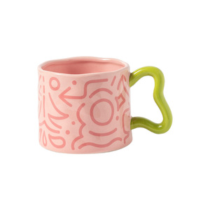 Tasse en céramique avec poignée, motif graffiti peint à la main, vert rose, pour couple, café, thé, eau, pour la maison ou le bureau - Product Image 4