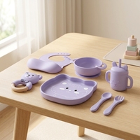 Ensemble d'alimentation pour bébé en silicone violet en forme de chat : assiette à ventouse, bavoir, tasse à paille et anneau de dentition