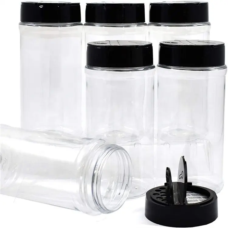 Frascos de especias de plástico PET de 16oz, salero y botellas de pimienta, contenedor de condimentos con tapa negra