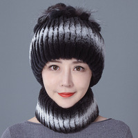 Ensemble chapeau et écharpe en fourrure de lapin Rex véritable, tricoté à la main, chaud et coupe-vent pour l'hiver, pour femmes, vente en gros OEM