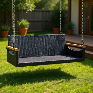 Banc balançoire en bois d'acacia massif, cadre en acier thermolaqué noir avec rotin synthétique, mobilier d'extérieur pour patio, 2 places - Product Image 2