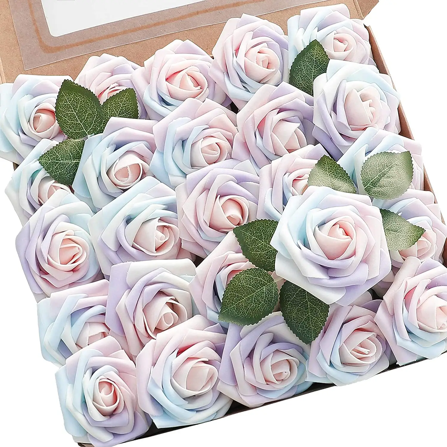 Floroom Artificial Flowers 25pcs Real Looking Blush Foam Faux Roses with Stems DIY Wedding Bouquets Bridal Shower Centerpieces