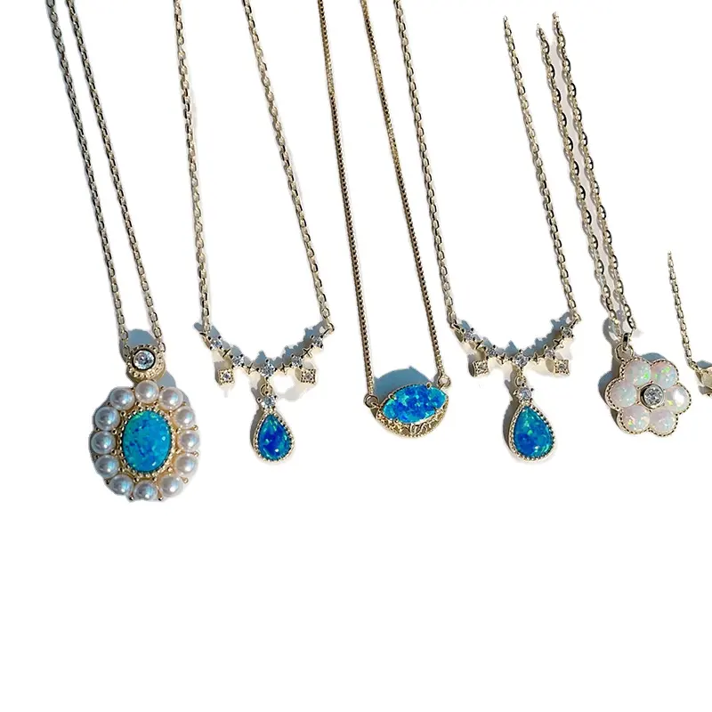 Kalung Opal biru perak murni 925 berlapis emas mode kualitas tinggi untuk wanita