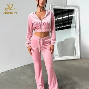 Custom High Quality Zipper Tracksuit Crop Top And Flared Pants Set Custom Sweatsuit With Logo Solid Sweat Suits Hoodie Women