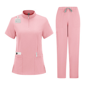 Women's Pink <b>Scrub</b> <b>Set</b> With Zip Neck And Drawstring Pants Moisture Wicking Hospital Uniforms - Product Image 1