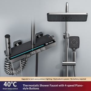 Ensemble de douche mural thermostatique gris anthracite en laiton chromé avec pommeau de douche carré à jet pluie et finition chromée intégrale - Product Image 2