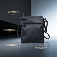 Sac bandoulière noir en similicuir souple pour femme avec sangle réglable et poche avant zippée – Sac messager quotidien