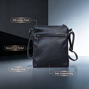Soft Black Faux Leather Crossbody <b>Bag</b> For Women Adjustable <b>Shoulder</b> <b>Strap</b> Front Zipper Pocket Daily Messenger Purse - Product Image 4