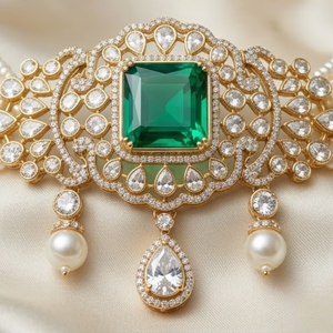 Royal 925 <b>Silver</b> Emerald Pearl <b>Choker</b> Necklace Set Designer Bridal Jewelry Elegant Earrings for Women Collection Bridal Wedding - Product Image 5