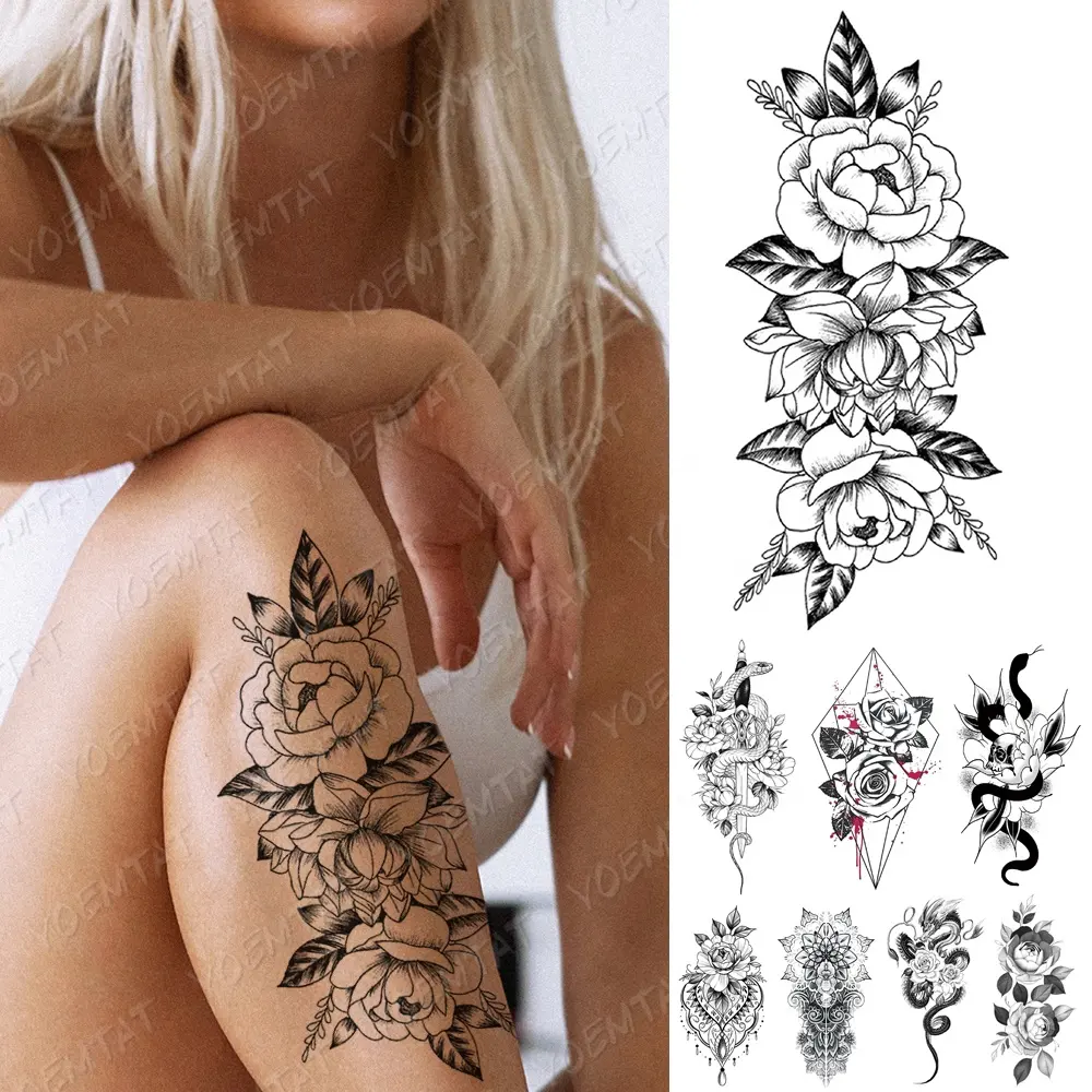 Hot Koop Zwarte Bloem Ontwerpen Tijdelijke Tattoo Stickers Water Transfer Custom Tattoos