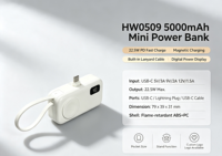 Power Bank Magnetik 5000mAh 22.5W PD Pengisi Daya Cepat dengan Kabel Tipe C Terintegrasi Layar Digital Ukuran Saku Portabel