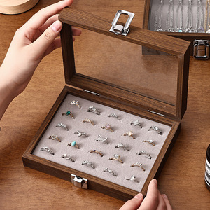 Dropshipping Shopify Walnut Jewelry <b>Box</b> Leather Organizer with Lid for <b>Earrings</b> Rings Necklaces Bracelets Storage Case - Product Image 3