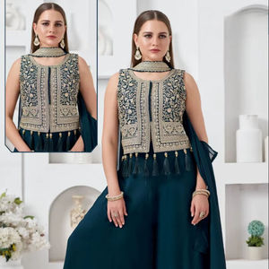 Teal Green Embroidered Palazzo Suit for <b>Women</b> Designer Ethnic Wear Sleeveless <b>Kurta</b> with Dupatta Festive Party Wedding Outfit - Product Image 1