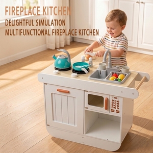 Set Gioco Cucina in Legno per Bambini con Caminetto, Luci e Suoni, Lavello, Frigorifero, Microonde, Gioco Educativo Montessori - Product Image 2