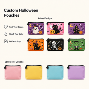 Graziosa Pochette Cosmetica Rosa di Halloween con Stampa di Gatto Nero, Fantasma e Zucca, Borsa per il Trucco con Logo Personalizzato, Regalo per Feste di Halloween - Product Image 3