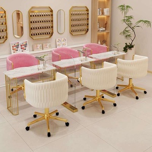 <b>Velvet</b> Nail Salon Tech Stool Ivory Beige Shell Back Gold Caster Rolling Manicure Nail Chair Height Adjustable - Product Image 2