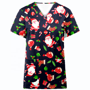 Blouses médicales personnalisées en gros pour Noël et Thanksgiving, imprimées, col en V, hauts de travail pour femmes avec poche - Product Image 3