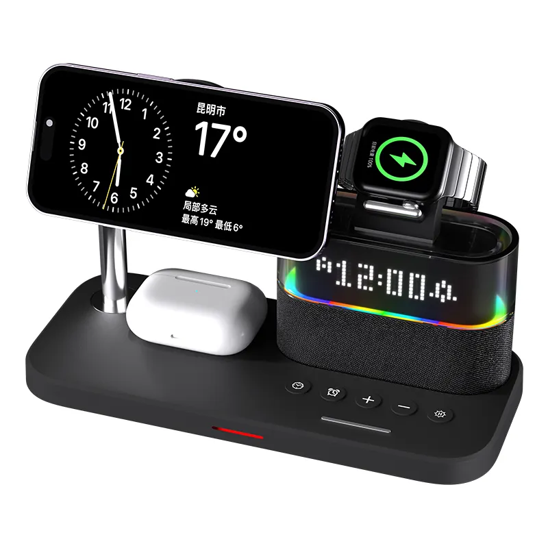 15W Multifunctional Desk Charging Station Stand RGB Night Lamp With Alarm Clock 3 In 1 Magnetic Wireless Charger